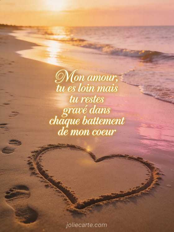 Cœur dessiné dans le sable d'une plage au coucher de soleil avec empreintes de pas et le texte Tu me manques mon amour
