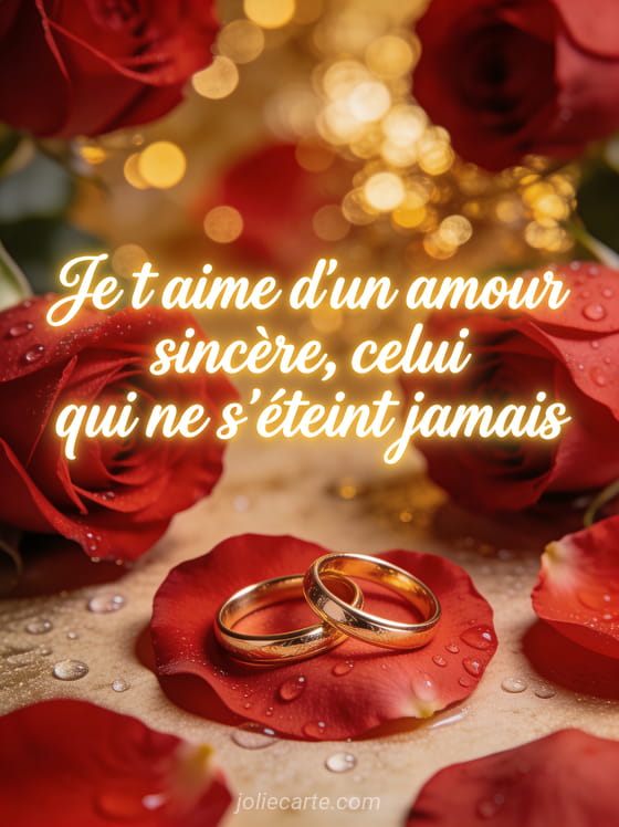 Deux alliances dorées posées sur des pétales de rose rouge avec bokeh doré et le texte Je t'aime d'un amour sincère