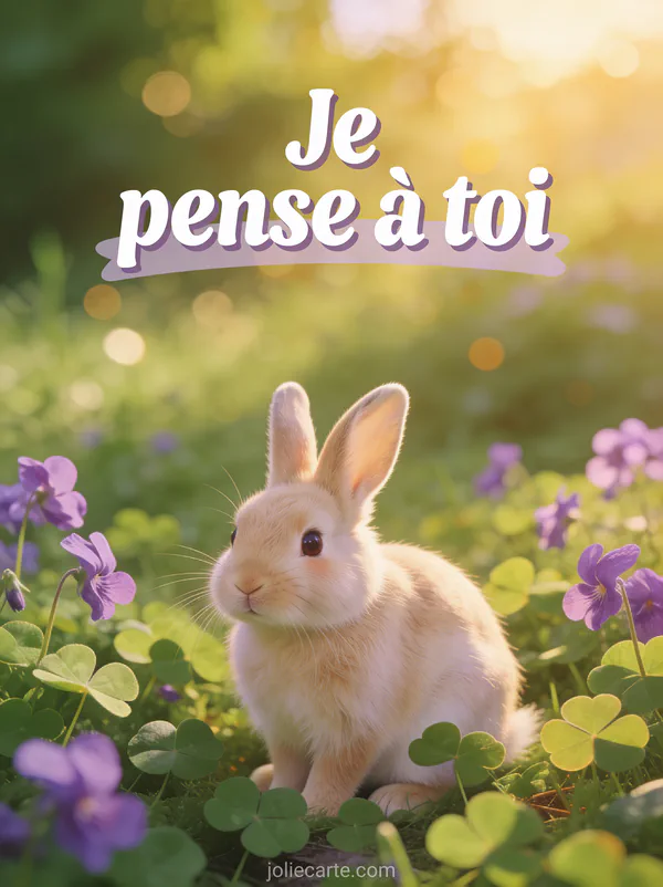 Lapin beige aux yeux doux dans un champ de trèfles et violettes avec lumière dorée et le texte Je pense à toi