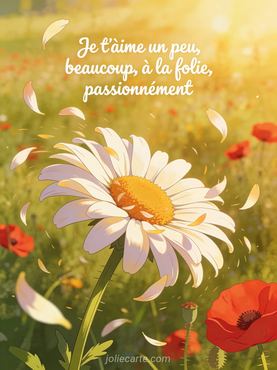 Grande marguerite aux pétales s'envolant dans une prairie ensoleillée avec le texte Je t'aime un peu beaucoup à la folie
