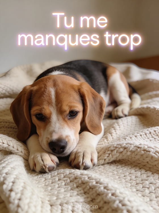 Chien beagle couché la tête sur ses pattes avec un regard triste et le texte Tu me manques trop