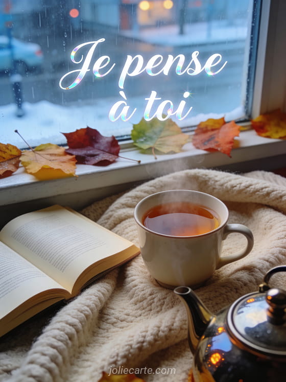 Tasse de thé fumante sur un plaid avec livre ouvert et vue sur la pluie par la fenêtre et le texte Je pense à toi