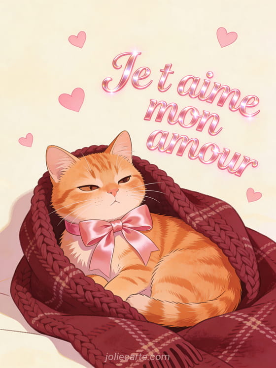 Adorable chat roux blotti dans un plaid bordeaux avec noeud satin rose et petits coeurs flottants avec le texte Je t'aime mon amour