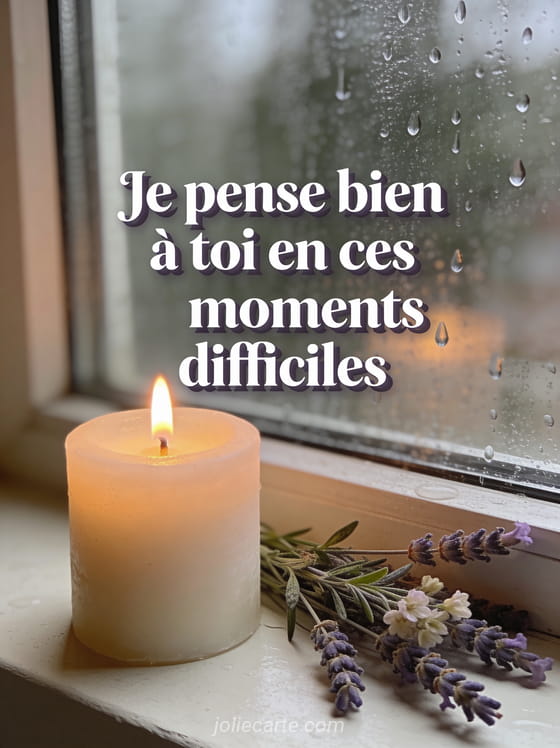 Bougie allumée sur un rebord de fenêtre avec des branches de lavande séchée et gouttes de pluie sur la vitre avec le texte Je pense bien à toi