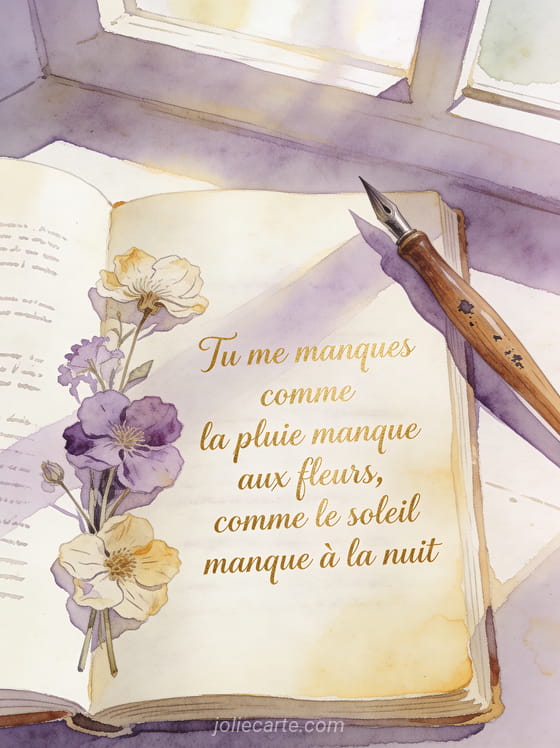 Vieux livre ouvert avec des fleurs séchées et une plume d'écriture avec le texte Tu me manques en poésie