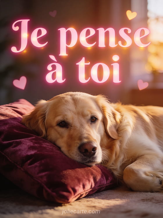 Chien golden retriever couché sur un coussin velours bordeaux, texte Je pense à toi je t'aime en lettres roses lumineuses, cœurs en arrière-plan