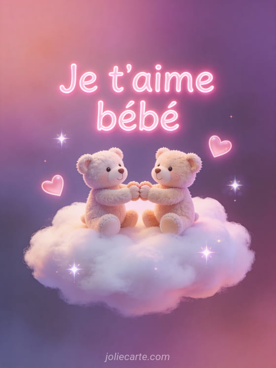 Deux oursons en peluche se tenant par la patte sur un nuage avec cœurs scintillants et le texte Je t'aime bébé