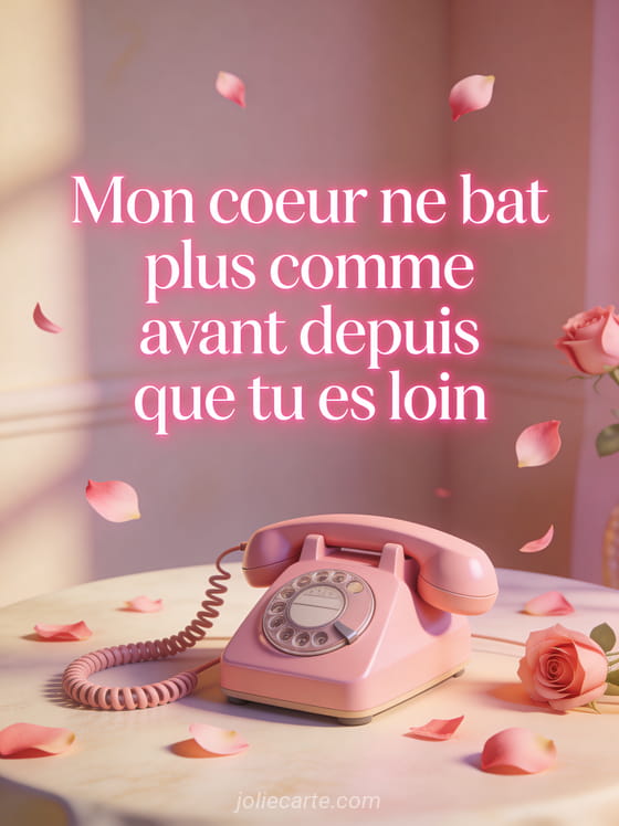 Téléphone vintage rose sur une table avec des pétales de rose et le texte Tu me manques