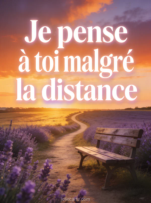 Chemin de campagne bordé de lavande avec coucher de soleil doré et banc solitaire et le texte Je pense à toi malgré la distance