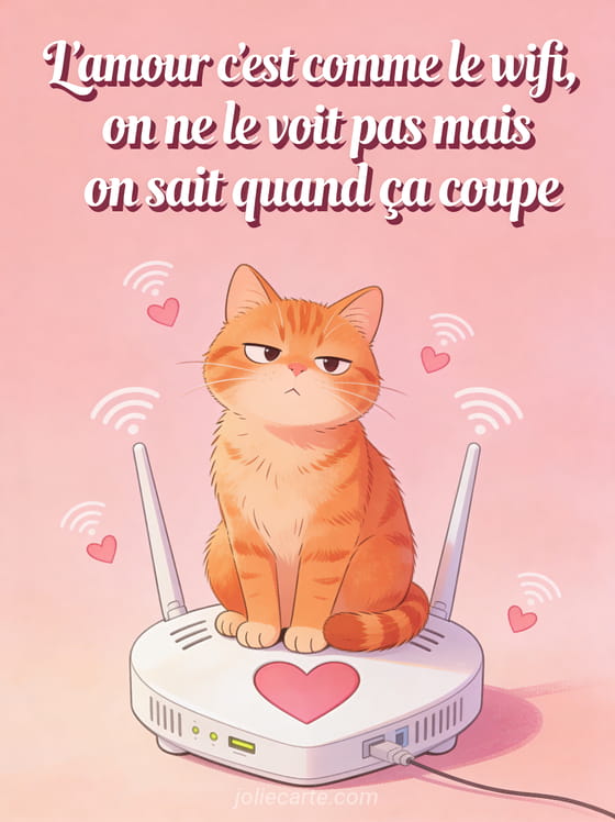 Chat roux assis sur un routeur wifi en forme de cœur avec le texte L'amour c'est comme le wifi on ne le voit pas mais on sait quand ça coupe