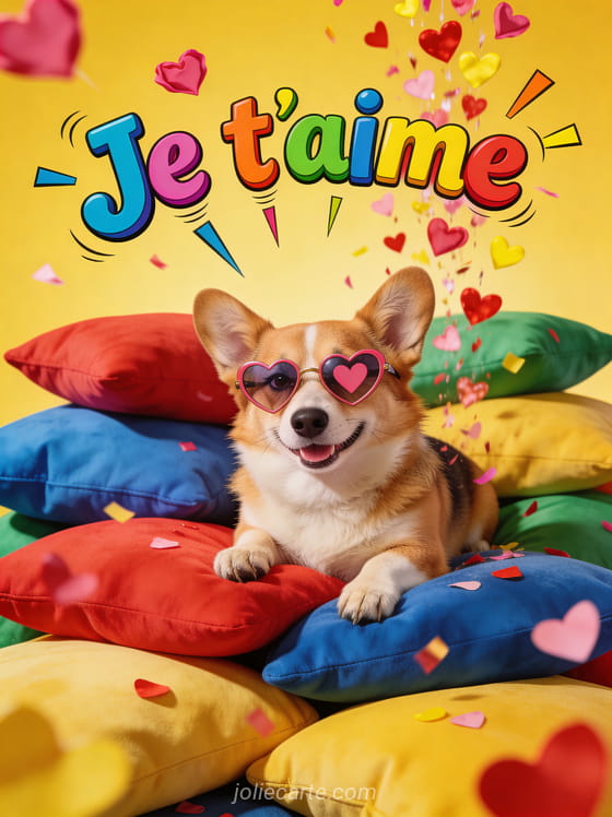 Corgi souriant avec des lunettes en forme de cœur sur des coussins colorés avec confettis et le texte Je t'aime