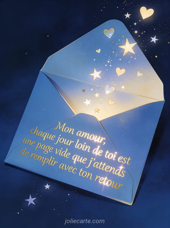 Enveloppe ouverte avec des étoiles et des cœurs qui s'en échappent sur fond bleu nuit avec le texte Tu me manques