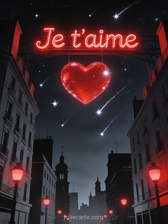 Cœur rouge néon lumineux dans un ciel étoilé avec étoiles filantes et silhouette de ville et le texte Je t'aime
