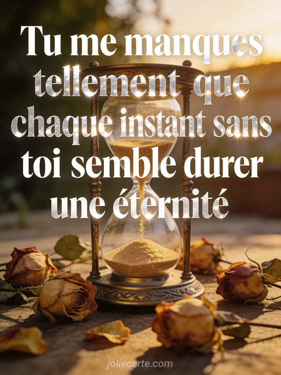 Sablier ancien avec du sable doré et des roses fanées avec le texte Tu me manques tellement