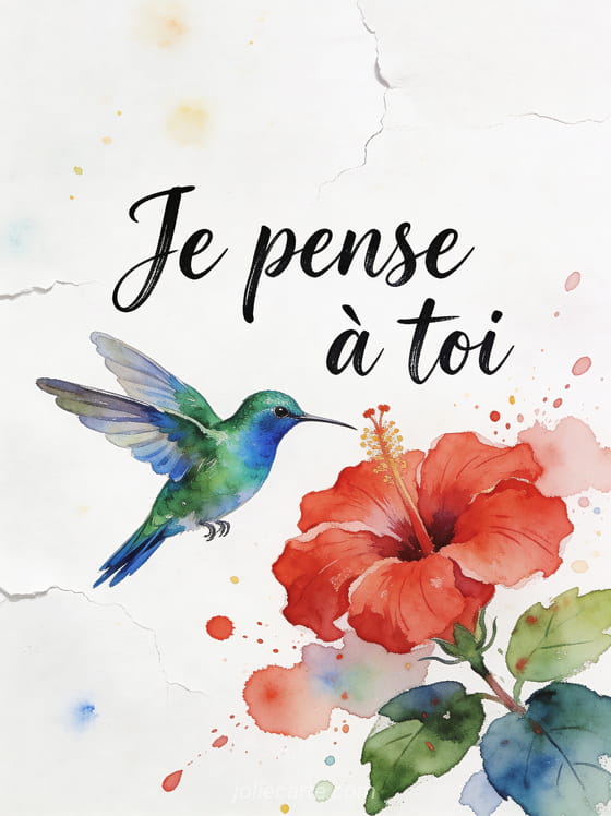 Colibri iridescent près d'une fleur d'hibiscus rouge en style aquarelle avec le texte Je pense à toi