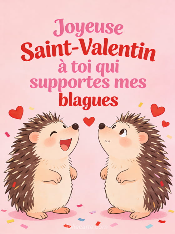 Deux hérissons mignons face à face entourés de cœurs rouges et confettis avec le texte Joyeuse Saint-Valentin à toi qui supportes mes blagues