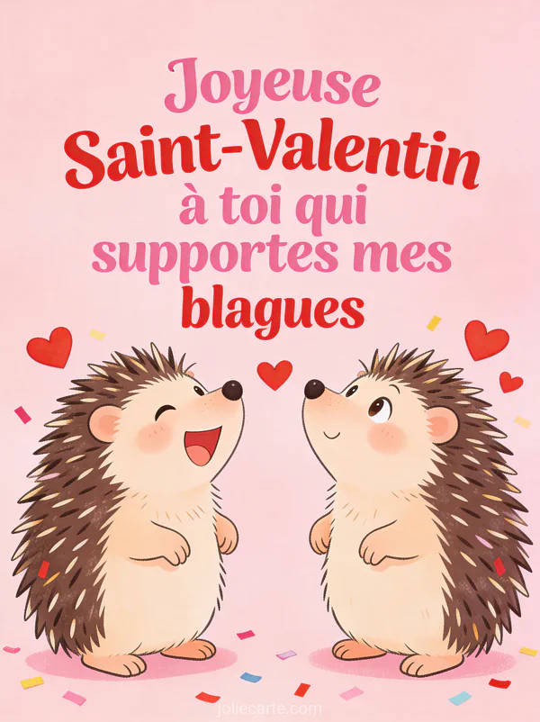 Deux hérissons mignons face à face entourés de cœurs rouges et confettis avec le texte Joyeuse Saint-Valentin à toi qui supportes mes blagues