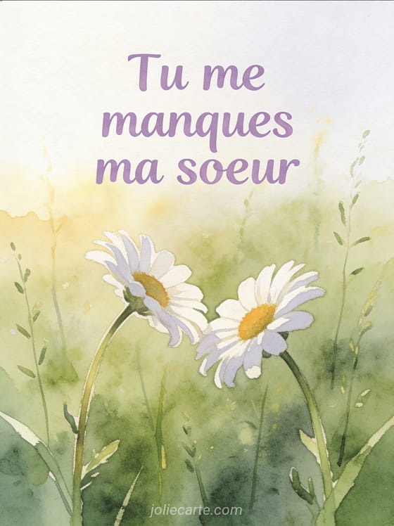 Deux marguerites blanches côte à côte dans un champ en aquarelle avec le texte Tu me manques ma sœur