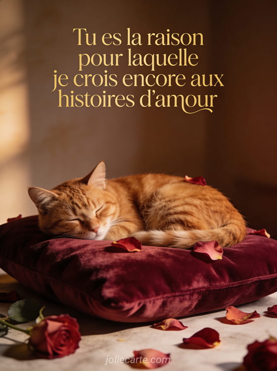 Chat roux endormi sur un coussin en velours bordeaux avec pétales de rose et le texte Tu es la raison
