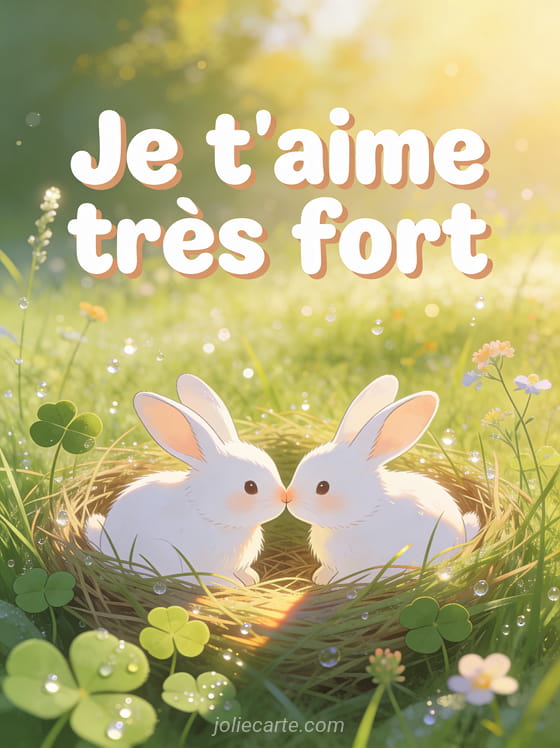 Deux lapins blancs nez contre nez dans un nid d'herbe avec fleurs sauvages et rosée et le texte Je t'aime très fort