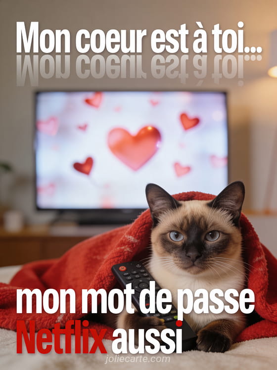 Chat siamois sous un plaid rouge tenant une télécommande avec le texte Mon cœur est à toi mon mot de passe Netflix aussi