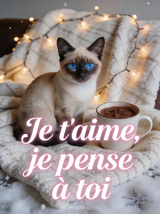 Chat siamois aux yeux bleus sur un plaid avec chocolat chaud et guirlande lumineuse et le texte Je t'aime je pense à toi