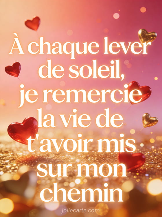 Cœurs rouges et dorés flottant dans une lumière chaude avec bokeh scintillant et le texte Je remercie la vie