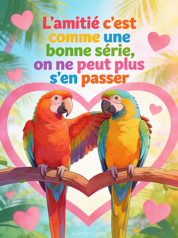 Deux perroquets aras colorés sur une branche en forme de cœur avec le texte L'amitié c'est comme une bonne série on ne peut plus s'en passer