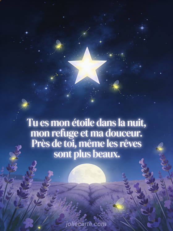 Ciel étoilé avec une étoile brillante au-dessus d'un champ de lavande et le poème Bonne nuit mon amour
