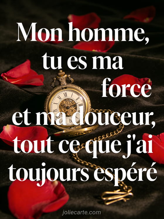 Montre à gousset dorée sur velours sombre avec pétales de rose et le texte Mon homme tu es ma force
