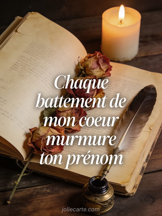 Livre ancien ouvert avec roses séchées plume d'oie et bougie avec le texte Chaque battement de mon cœur murmure ton prénom
