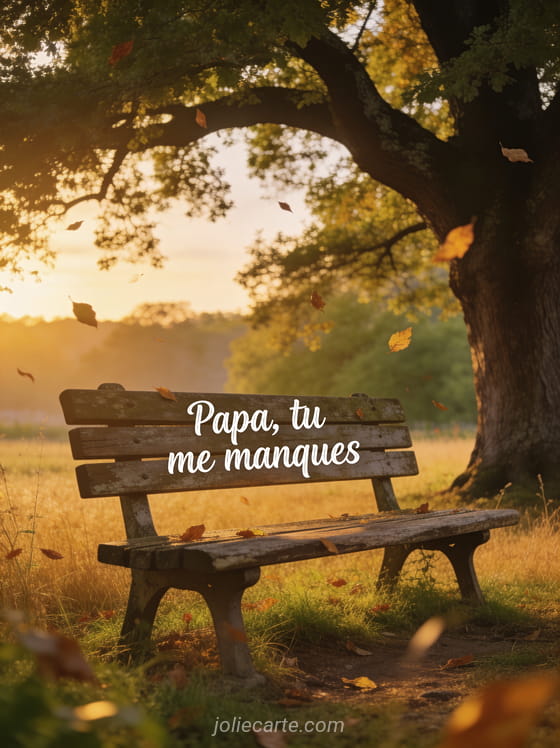 Banc en bois sous un grand chêne au coucher du soleil avec des feuilles qui tombent et le texte Papa tu me manques