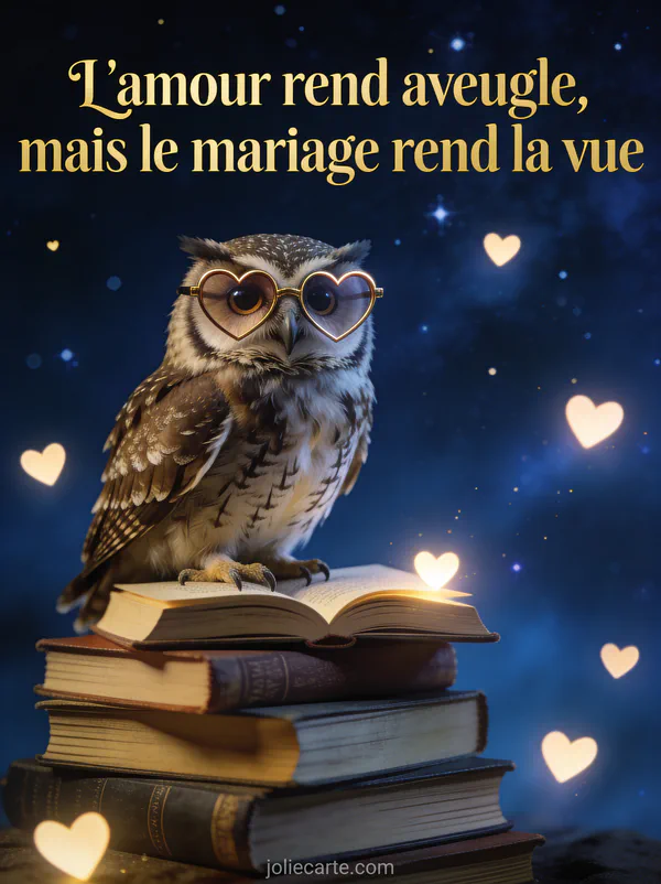 Hibou avec des lunettes en forme de cœur perché sur des livres avec le texte L'amour rend aveugle mais le mariage rend la vue