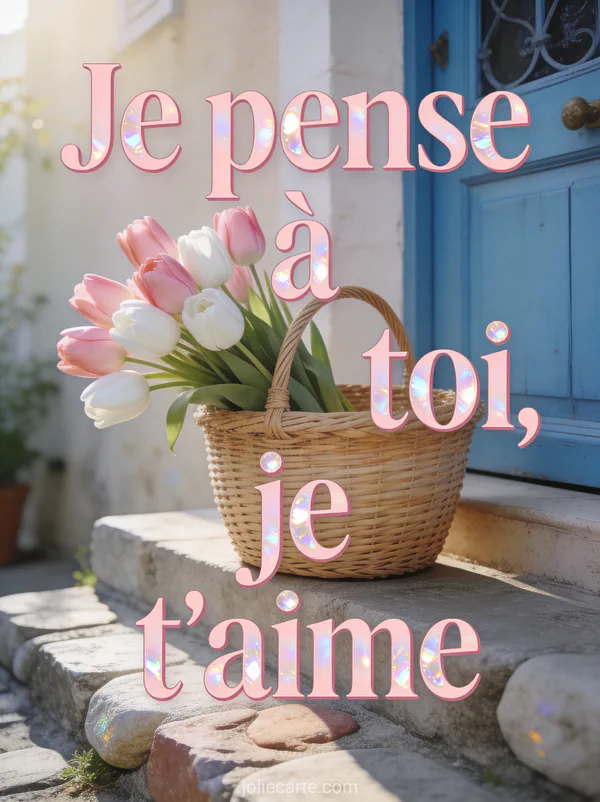 Tulipes roses et blanches dans un panier en osier sur une marche en pierre devant une porte bleue et le texte Je pense à toi je t'aime