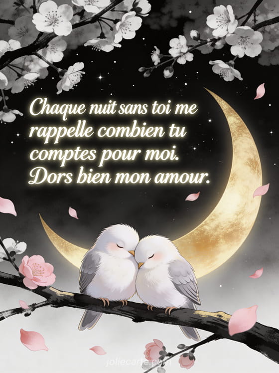 Deux oiseaux blottis sur une branche de cerisier sous un ciel étoilé avec le texte Bonne nuit mon amour