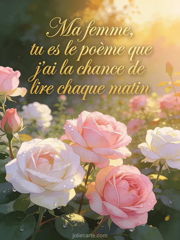 Jardin de roses anglaises roses et blanches au matin avec rosée scintillante et le texte Ma femme tu es le poème
