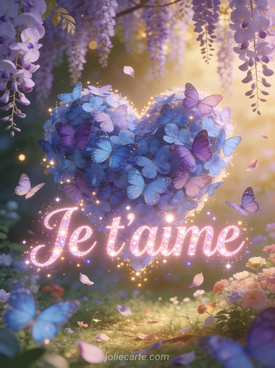 Papillons bleus et violets formant un cœur dans un jardin de glycine avec lumière dorée et le texte Je t'aime