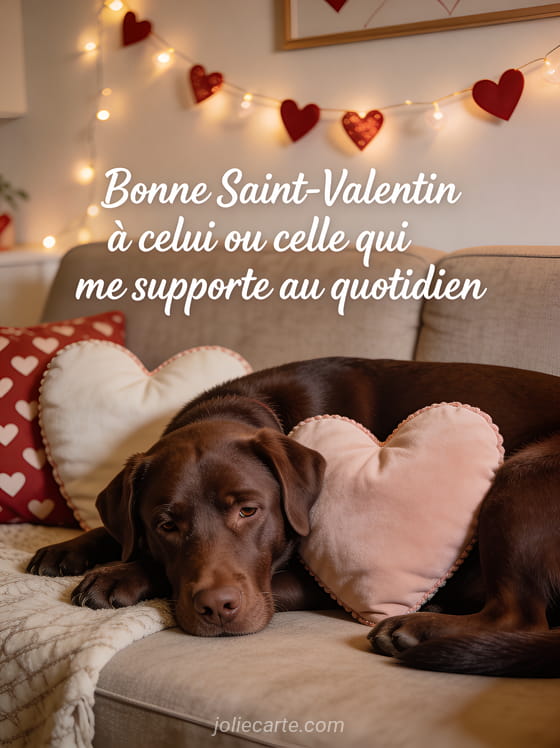 Labrador chocolat couché sur un canapé parmi des coussins en forme de cœur avec le texte Bonne Saint-Valentin à celui qui me supporte au quotidien
