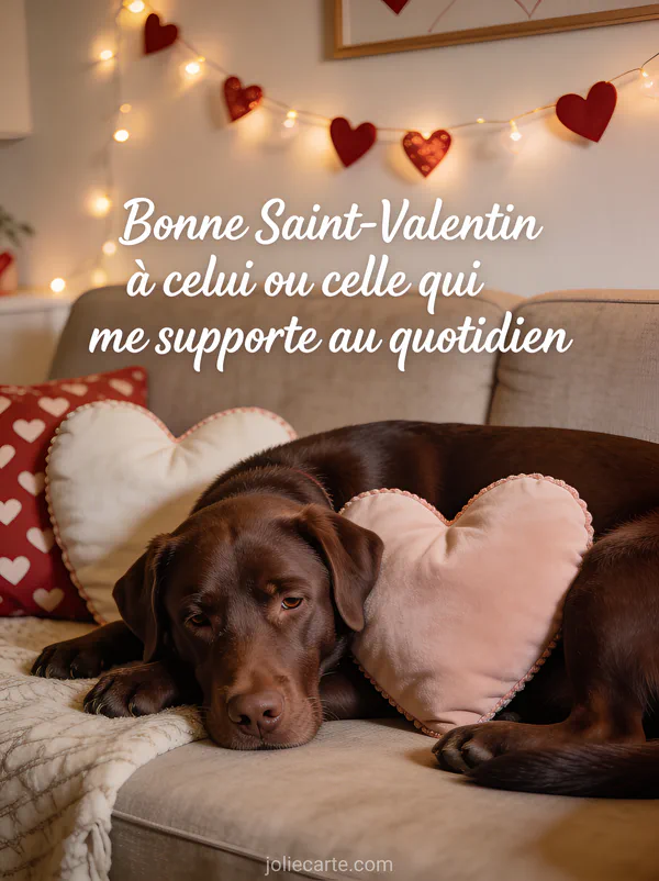 Labrador chocolat couché sur un canapé parmi des coussins en forme de cœur avec le texte Bonne Saint-Valentin à celui qui me supporte au quotidien