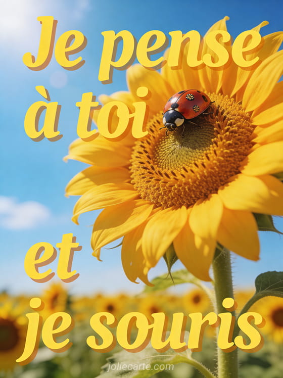Tournesol géant avec coccinelle sous un ciel bleu lumineux avec champ de tournesols et le texte Je pense à toi et je souris