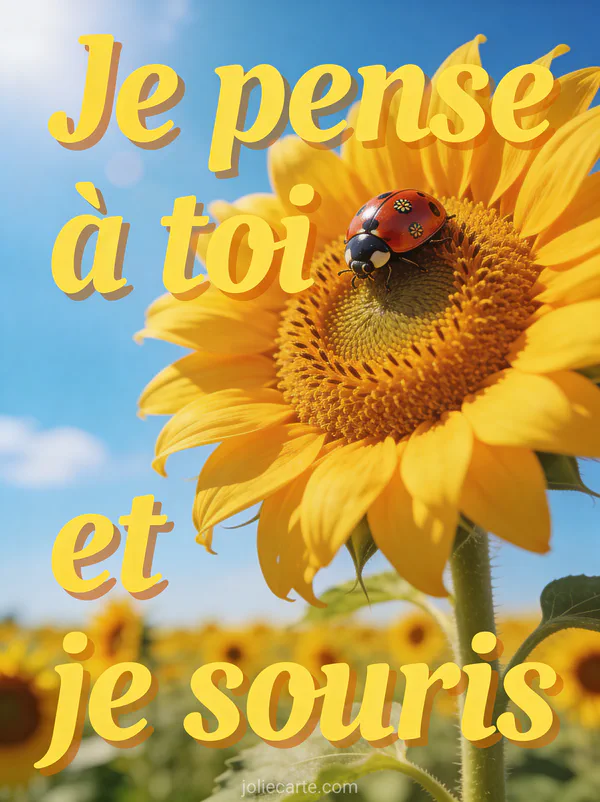Tournesol géant avec coccinelle sous un ciel bleu lumineux avec champ de tournesols et le texte Je pense à toi et je souris