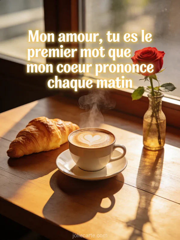 Café fumant avec cœur en latte art sur table en bois avec croissant et rose rouge et le texte Mon amour