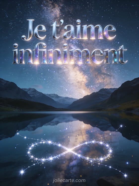 Voie lactée au-dessus d'un lac de montagne avec reflet étoilé et symbole infini et le texte Je t'aime infiniment
