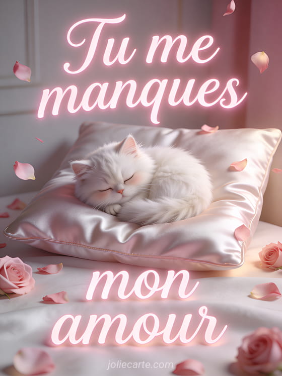 Chat persan blanc endormi sur un oreiller de soie avec des pétales de rose et le texte Tu me manques mon amour