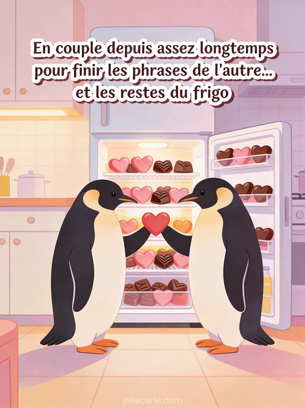 Deux pingouins empereurs devant un réfrigérateur rempli de cœurs en chocolat avec le texte En couple depuis assez longtemps pour finir les phrases de l'autre