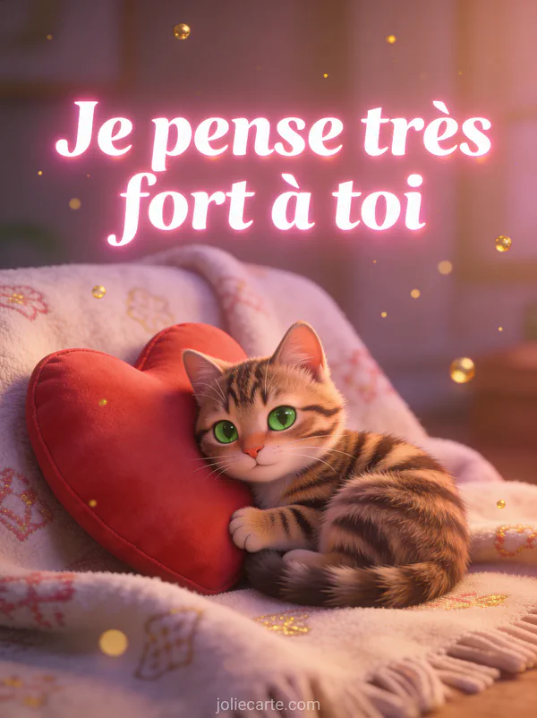 Petit chat tigré aux yeux verts blotti contre un coussin en forme de cœur avec le texte Je pense très fort à toi