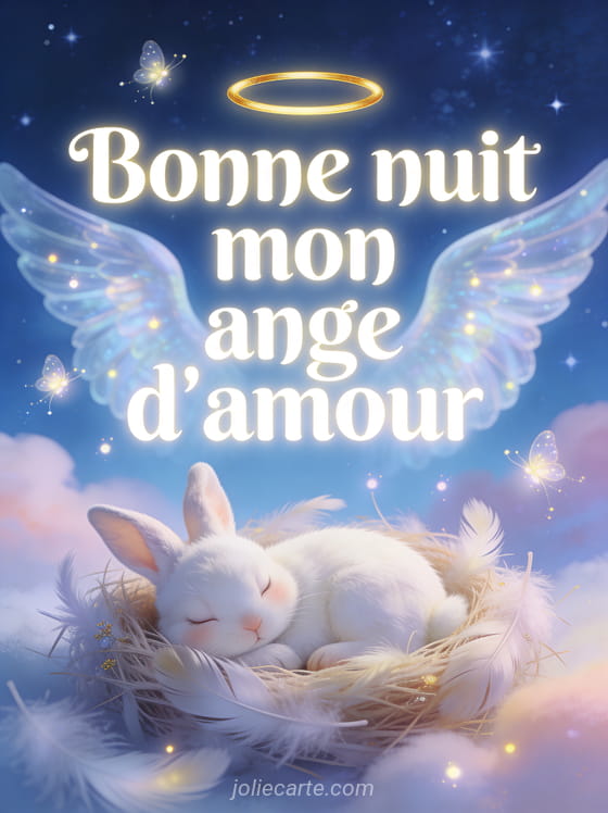 Petit lapin blanc endormi dans un nid de plumes avec des lucioles et un ciel étoilé et le texte Bonne nuit mon ange d'amour