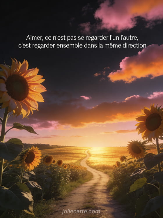 Chemin bordé de tournesols menant vers un horizon doré au crépuscule avec le texte citation d'amour