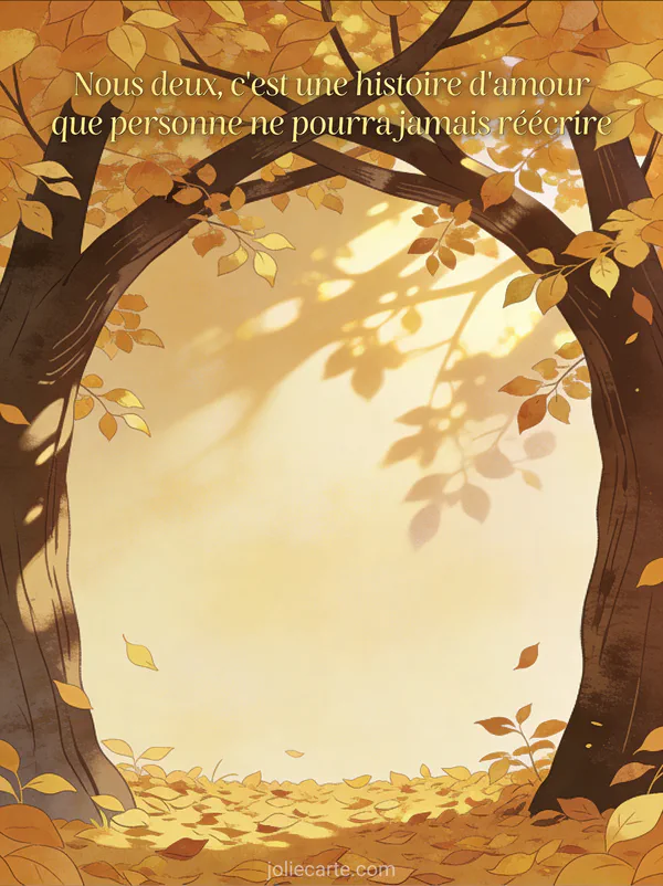 Deux arbres aux branches entrelacées formant une arche avec feuilles dorées et le texte Nous deux