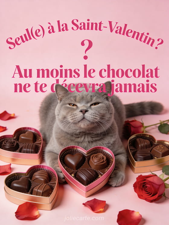 Chat british shorthair gris entouré de boîtes de chocolats en forme de cœur avec le texte Seul à la Saint-Valentin le chocolat ne te décevra jamais